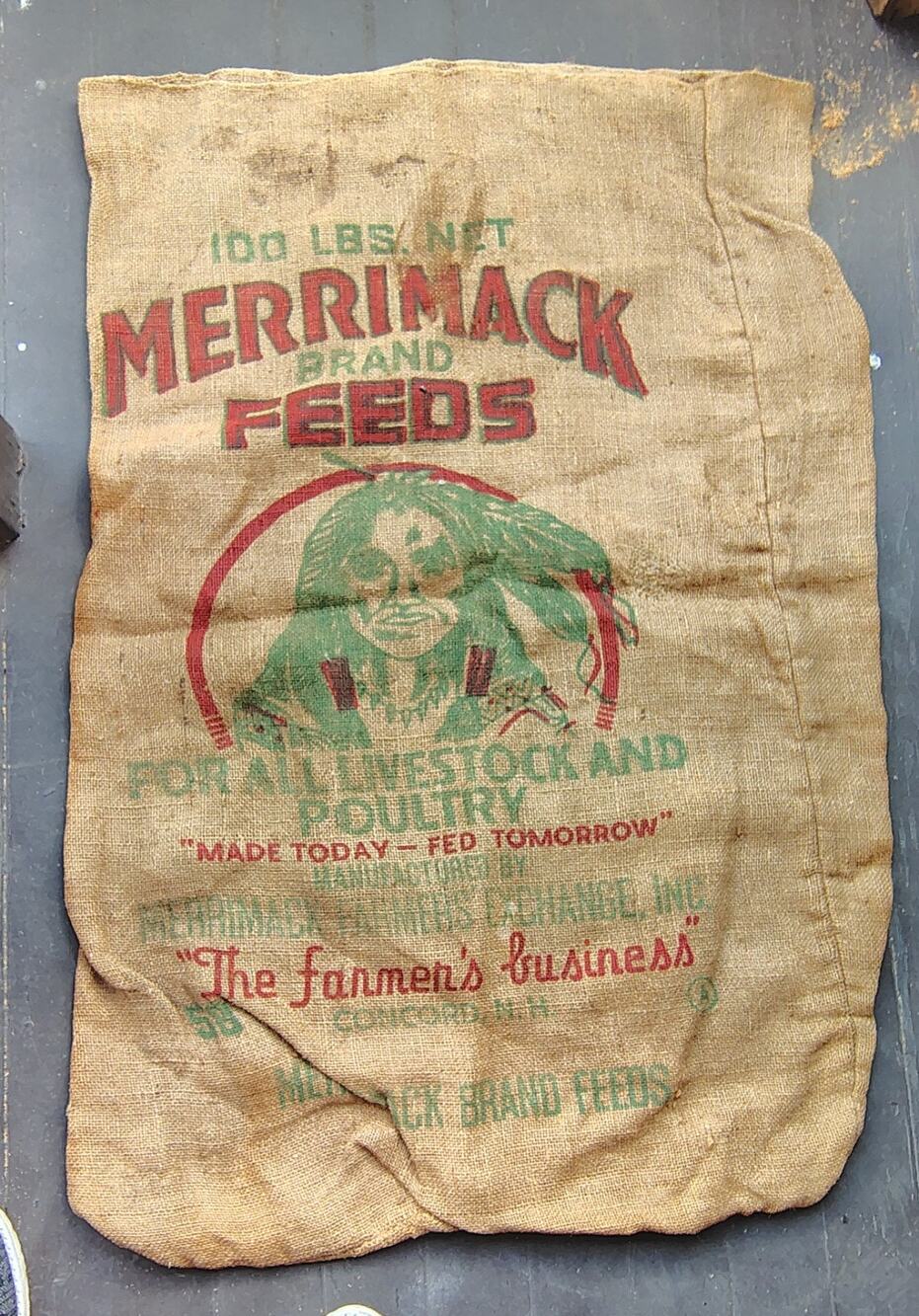 Vintage Merrimack Feeds Concord NH Burlap Sack 100lb Livestock Poultry Feed Bag